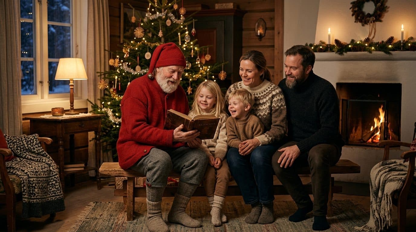 Illustrasjon: julenisse leser historier for en familie ved peisen i en koselig stue