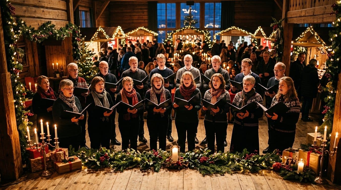 Illustrasjon: musikere som synger en julekonsert i en varm, pyntet sal