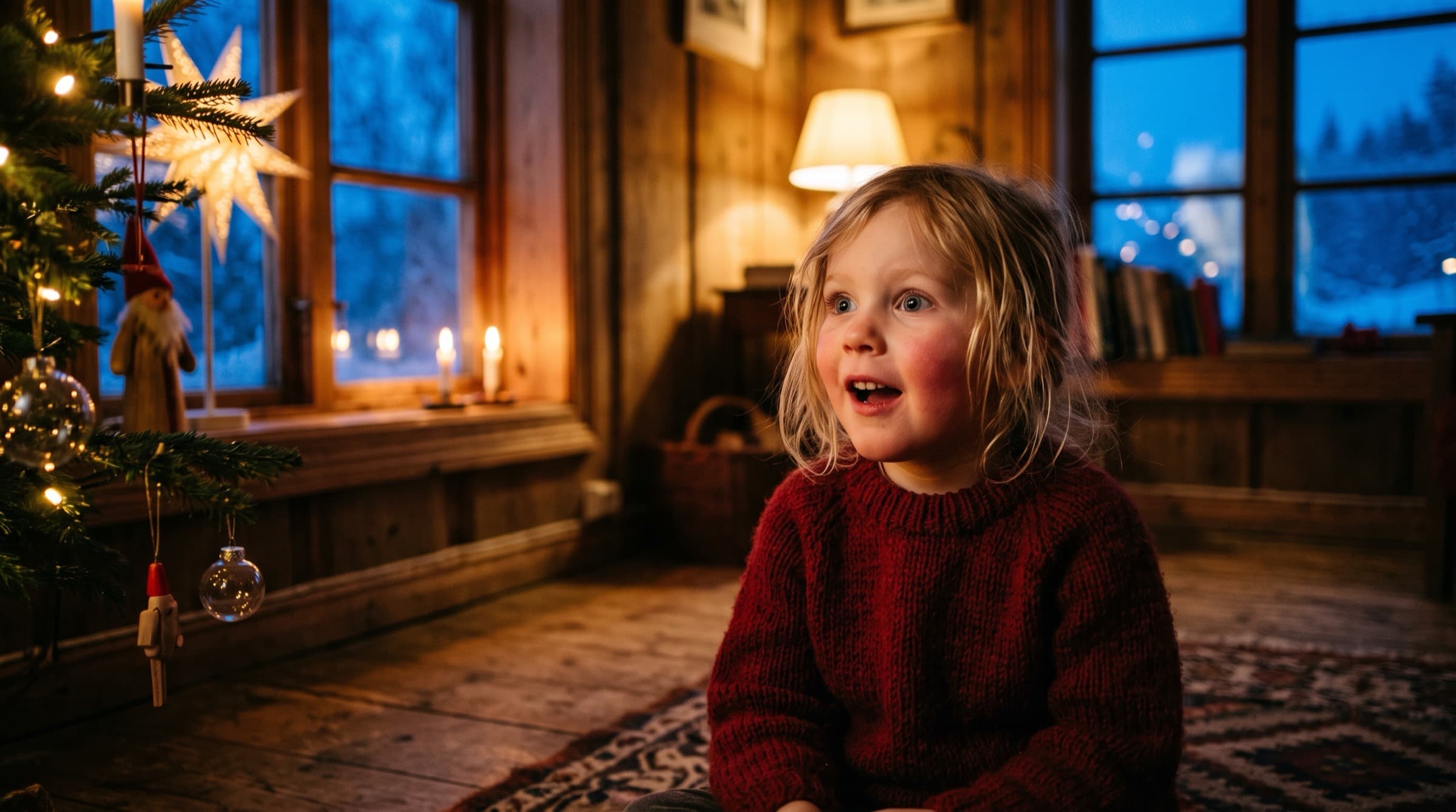 Et barn i en norsk stue i skumringen ser mot noe utenfor bildekanten